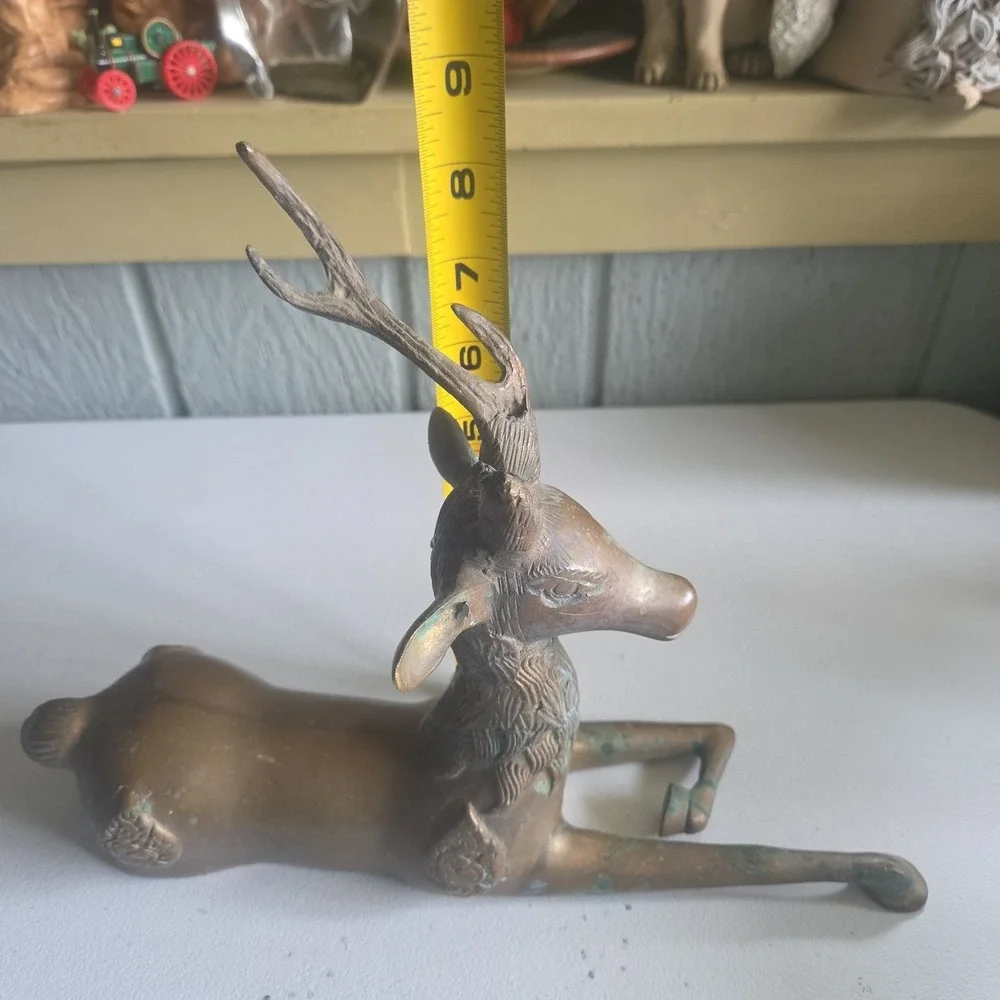 Vintage Brass Sculpture Deer MCM Stag Reclining Figure Antlers Aged Patina AS IS